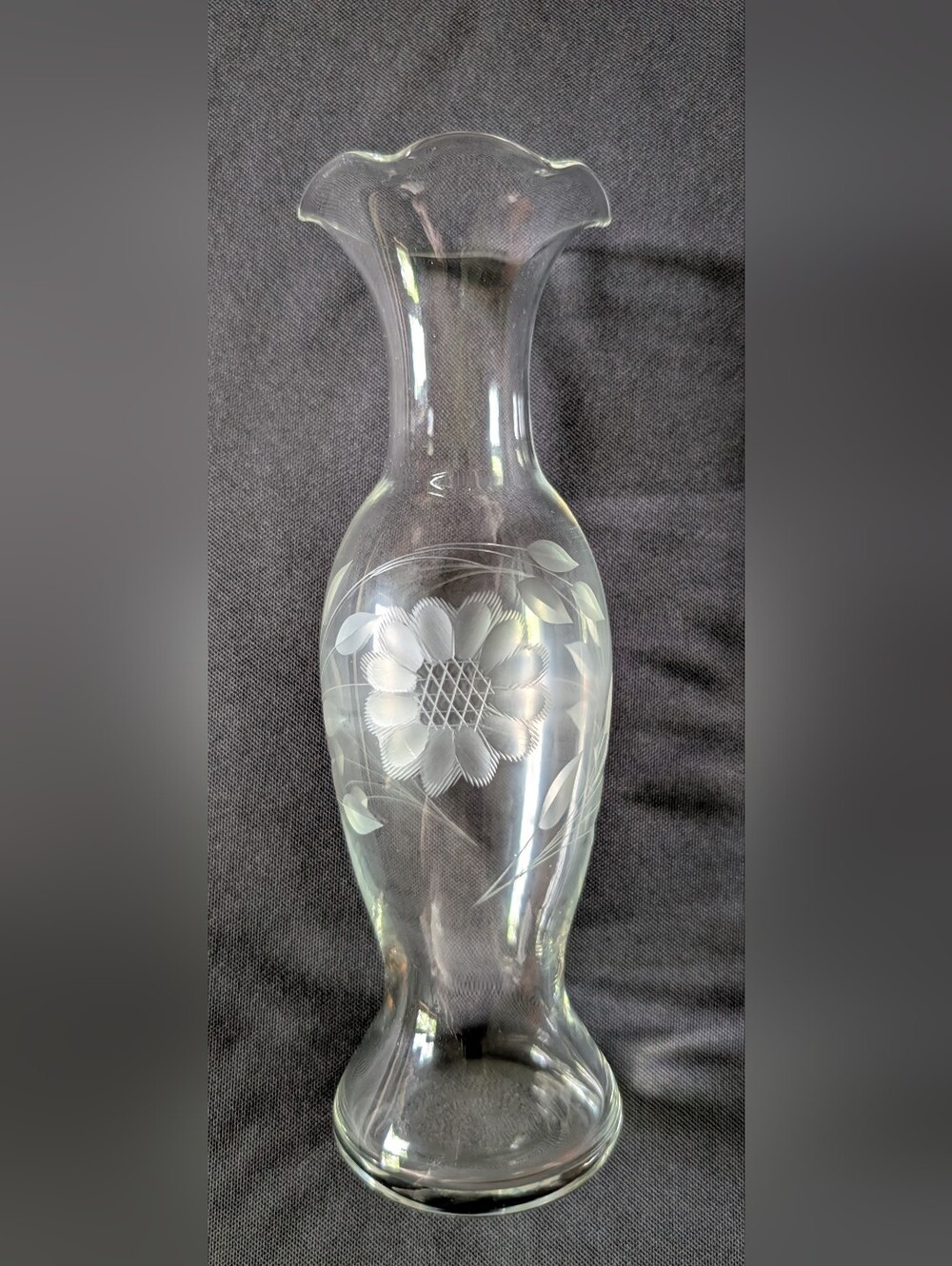 Vintage W. J. Hughes 7.5" Vase With Etched Corn Flower Pattern/Flutted Rim